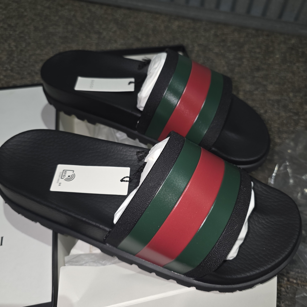 Gucci Black Slides with Signature Green and Red Web Stripe